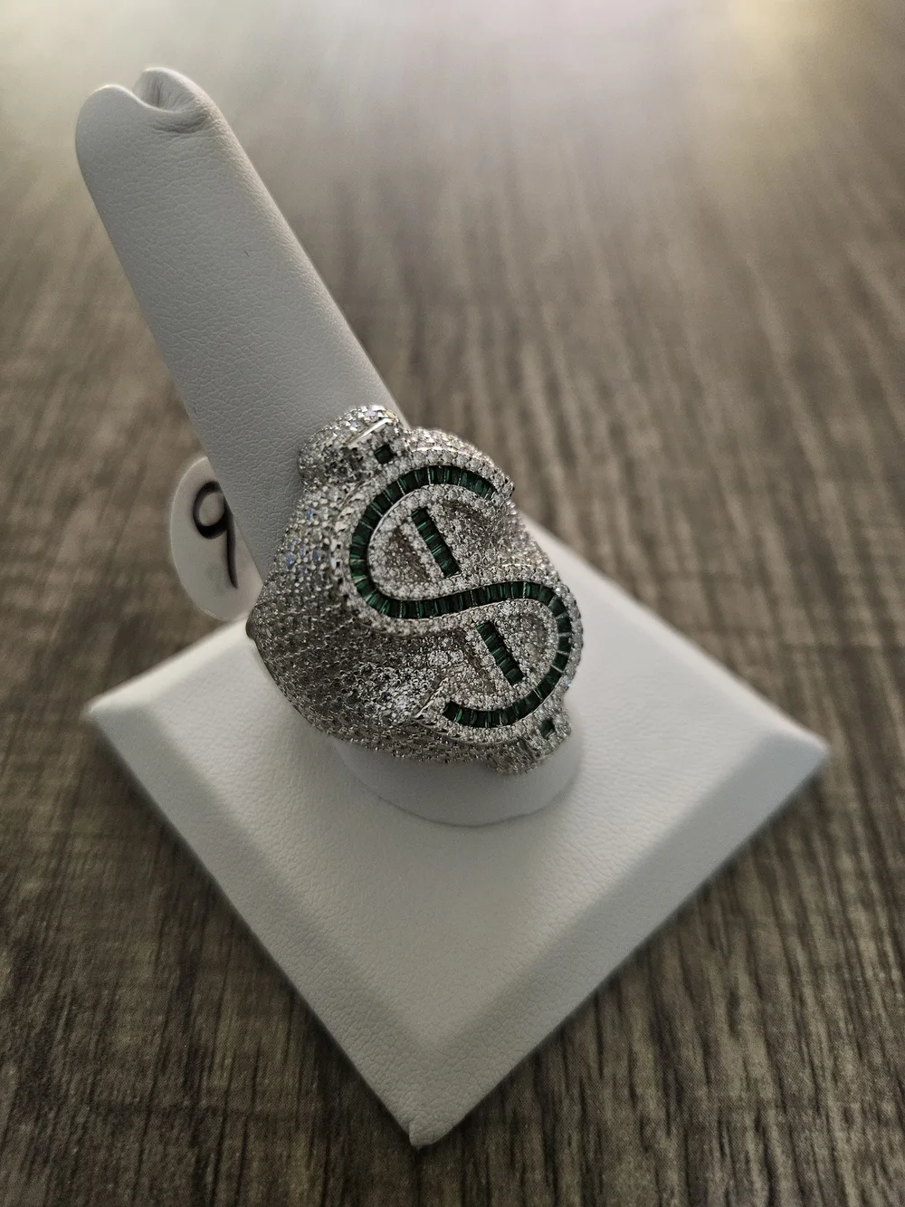 5.18 CTW Moissanite Dollar Sign Ring 925 Sterling Silver Emerald Green Size 11